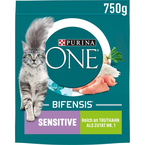 PURINA ONE Sensitive, Katzentrockenfutter reich an Truthahn, 750g Beutel, hohe Verdaulichkeit, ohne Weizen, für gesunde Haut und glänzendes Fell