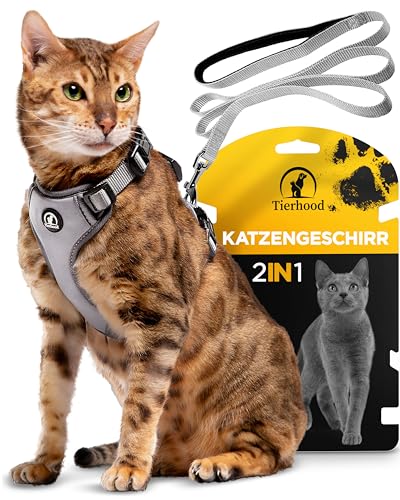 Tierhood Katzengeschirr mit Leine [Leichte Version] - Komfortabel und sicher für Katzen und Kätzchen - Grau, Größe S