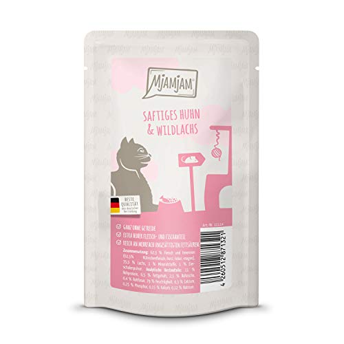 MjAMjAM Premium Katzenfeuchtfutter Quetschie, saftiges Huhn und Wildlachs, getreidefrei, 1 x 125g