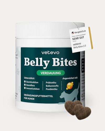 vetevo Belly Bites 2.0, Verdauungssnacks für Hunde mit Flohsamenschalen, Heilmoor & Probiotika, zur Unterstützung der Darmflora, mit Ente – 300 g Dose