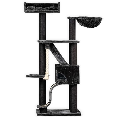 RHRQuality Kratzbaum Kilimandjaro Deluxe, 195 cm hoch mit 12 cm Sisalstämmen, luxuriösem Liegeplatz und Hängematte, Blackline Dunkelgrau