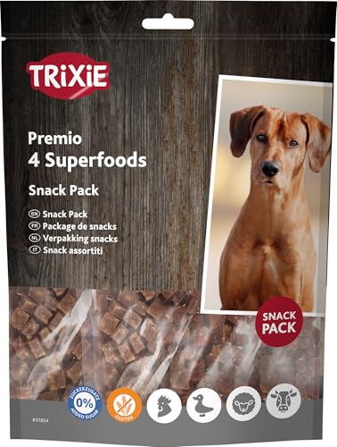 TRIXIE Superfoods Snack Pack, 4 verschiedene Sorten (Huhn & Blaubeere, Ente & Gojibeere, Lamm & Gojibeere, Rind & Kokosnuss), glutenfrei, ohne Zuckerzusatz, 4 x 100 g
